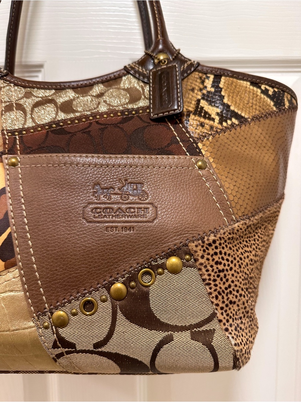 Coach Bleecker Patchwork Signature Jacquard Leather Animal Print Large Tote Y2K - Picture 6 of 17